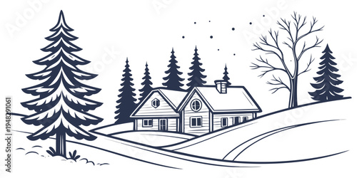 a house on a snowy hill with trees Vector