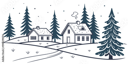 a house and trees in a snowy landscape Vector