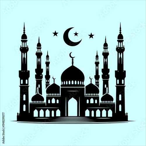A clean and elegant black silhouette vector illustration thoughtfully captures the majestic beauty of an islamic mosque, showcasing its distinctive architectural grandeur through multiple gracefully r