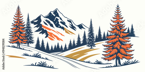 a snowy mountain landscape with orange trees Vector