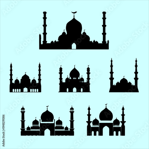 A beautiful set of traditional black mosque silhouettes featuring classic domes and tall minarets, adorned with crescent moon symbols, set against a calming light blue background. This unique vector i