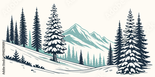 snowy mountain landscape with pine trees Vector