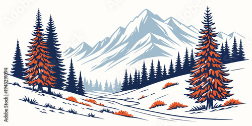 a snowy mountain landscape with trees and deer Vector