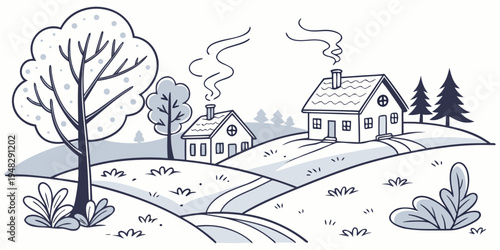 a snowy landscape with a house and a tree Vector