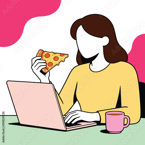 A minimalist illustration of a woman working on a laptop while eating a slice of pizza and drinking from a pink mug.