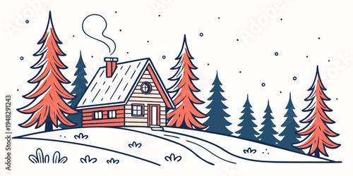 a house on a snowy hill with trees Vector