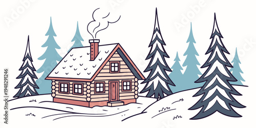a small house in the woods with snow on the roof Vector