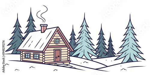 a small cabin in a snowy forest with smoke coming from the chimney Vector