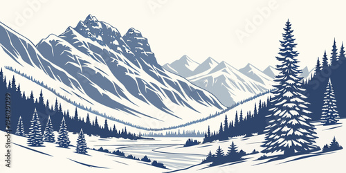 snowy mountain landscape with trees and river Vector