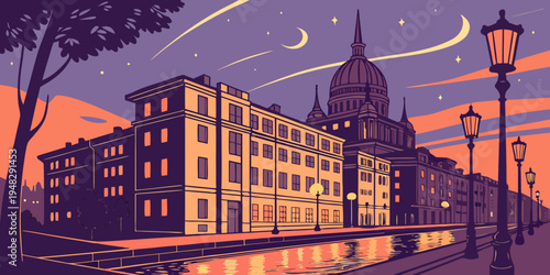 a large building with a clock tower next to a street light Vector