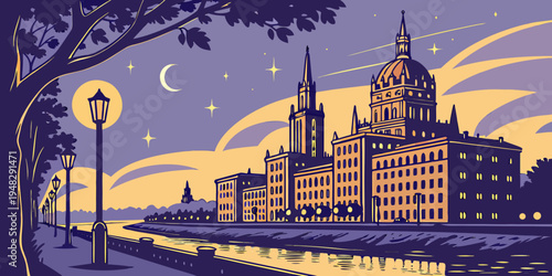 a city skyline at night with a large building and a street light Vector