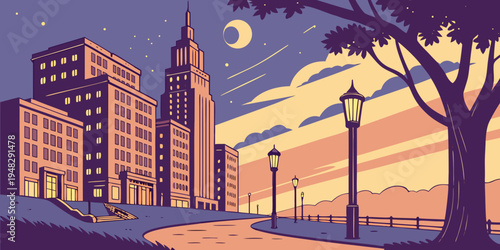 a city street at dusk with buildings and a tree Vector