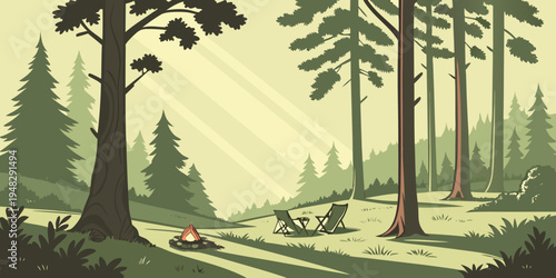 a serene forest scene with tall trees and a campfire Vector