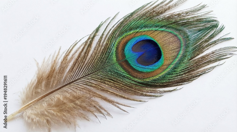 Fototapeta premium Vibrant peacock feather with blue green and gold colors on white background detailed texture and pattern