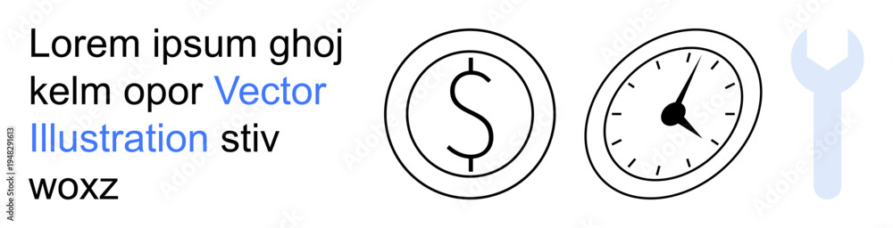 Fototapeta premium Project management, time efficiency, cost savings, business services, financial management, repair services. Minimalist clock, dollar sign and wrench icons. Time efficiency and cost savings concept