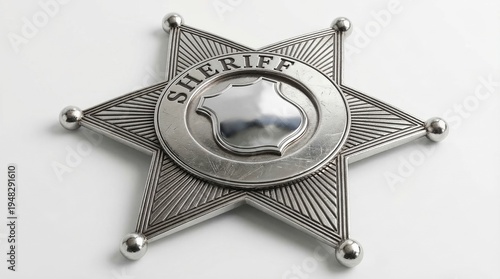 Принти на полотні Detailed silver sheriff badge with star shape and engraved text on white backgro