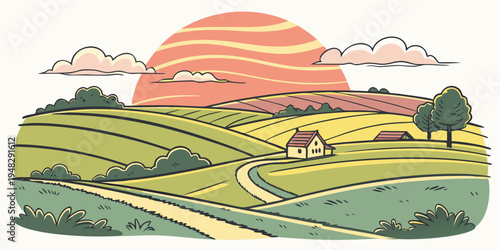 a serene countryside landscape with rolling hills and a sunset Vector