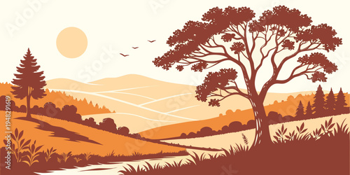 a tree stands alone in a serene landscape Vector