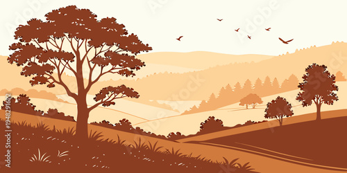 a serene landscape with trees on rolling hills Vector