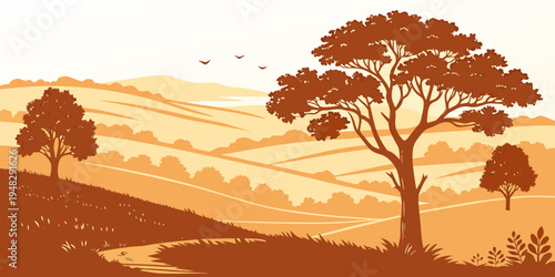 a serene landscape with trees on a hillside at sunset Vector