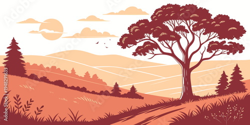 a tree on a hill with mountains in the background Vector