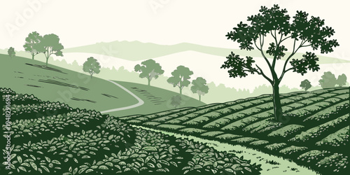 a green landscape with a tree on a hill Vector