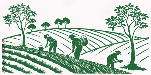 people working on a farm with trees Vector