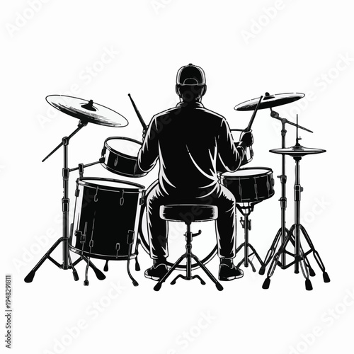 Silhouette of a drummer playing a drum kit from behind on white background drums cymbals