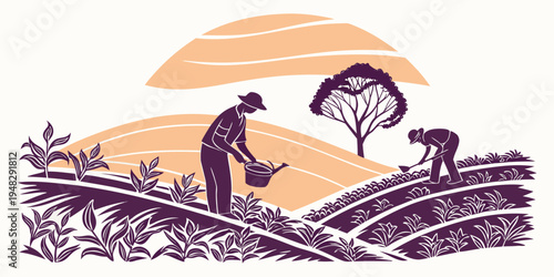 a man is working in a field with a tree and sunset in the background Vector