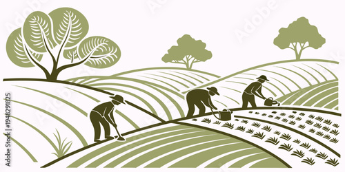 farmers working in a field with trees Vector