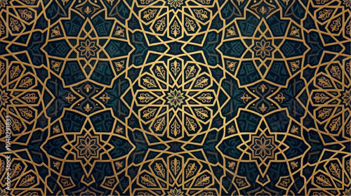 Intricate blue and gold geometric pattern with repeating star polygons on a textured background for decorative art