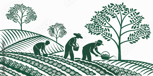 farmers working in a field with trees Vector