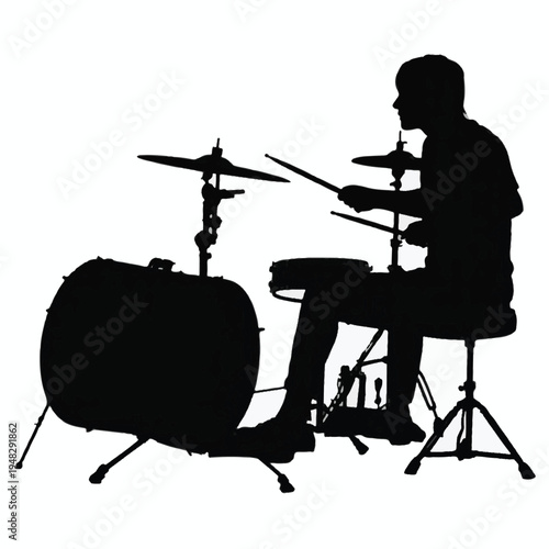 Silhouette of a drummer playing drums from the side on white background drum kit cymbals