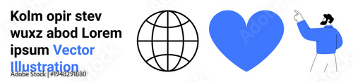 Global communication, humanitarian values, teamwork, social responsibility, digital technology, global unity. Minimal globe, blue heart man gesturing. Global communication and humanitarian values