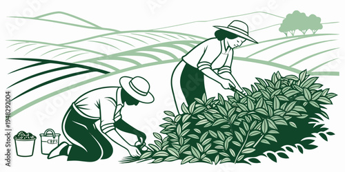farmers working in a field with crops Vector