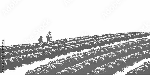 a man and two children standing on a field of crops Vector