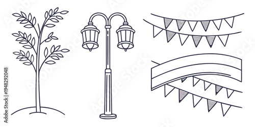 a tree a street lamp and two types of hanging banners Vector