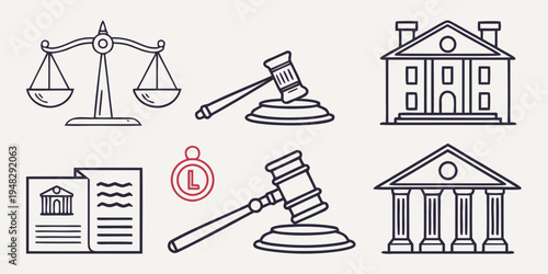 law icons including gavel, scales, courthouse, and legal documents Vector