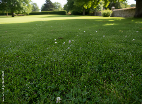Dew drops glistening on lush green grass in a sunlit garden during an early spring morning time