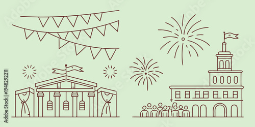 a festive scene with a building and fireworks Vector