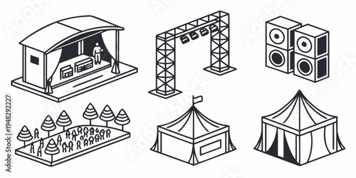 a set of different medieval festival tents and booths Vector