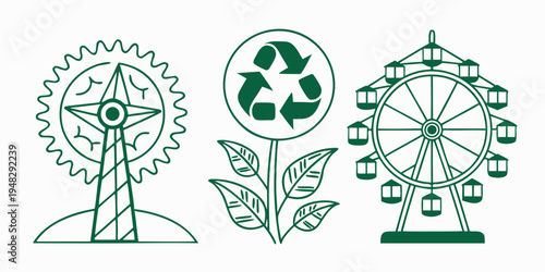 green icons of a recycling symbol with leaves and two different Ferris wheels Vector