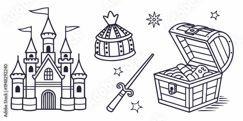 a castle, treasure chest, and magic wand for fantasy Vector