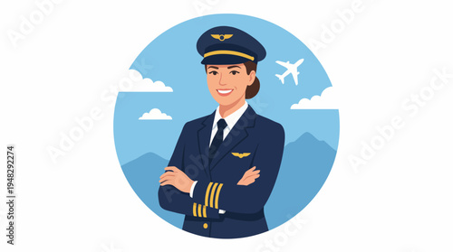 A confident pilot stands with arms crossed in uniform, symbolizing professionalism and dedication in aviation, with a clear sky and airplane in the background.
