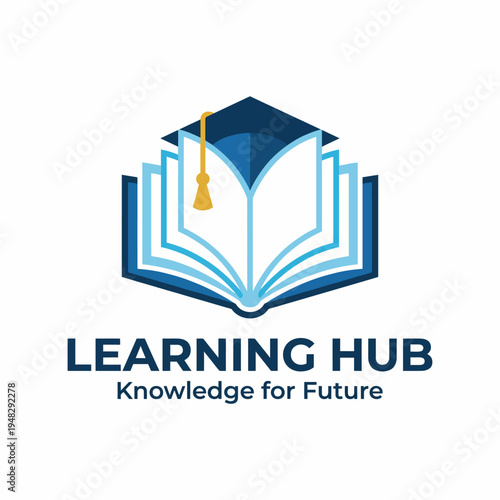 An emblematic representation of a learning hub featuring an open book with a graduation cap, symbolizing education, knowledge, and future opportunities for growth.