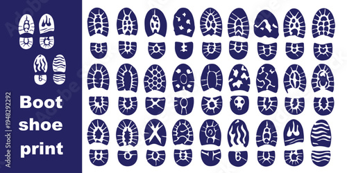 Vector collection of diverse footprint and shoe print icons including bare feet, sneakers, boots, and formal shoes, ideal for forensic, tracking, fashion, and design .