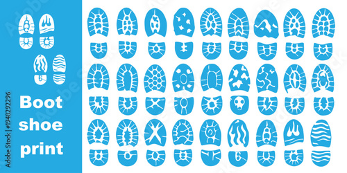 Vector collection of diverse footprint and shoe print icons including bare feet, sneakers, boots, and formal shoes, ideal for forensic, tracking, fashion, and design .