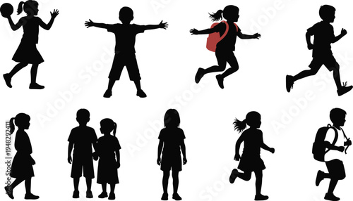 Child Silhouette Collection Featuring Boys and Girls Running Jumping Walking Carrying Backpacks and Playing Ball for School Education and Youth Activities