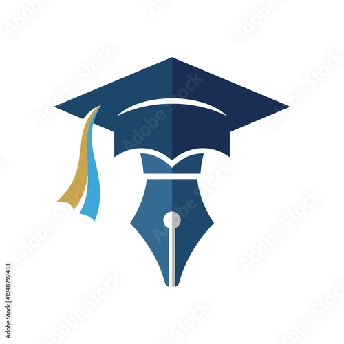 Stylized graduation cap with a fountain pen design represents education, achievement, and creativity, capturing the essence of scholarly successes and artistic inspiration.
