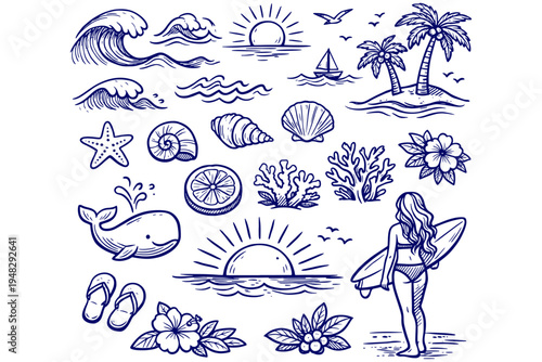 Tropical Doodle Beach Elements Vector Set Palm Trees Waves Starfish Surfer Summer Illustration